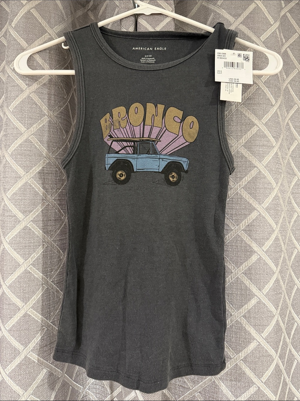 American Eagle Outfitters Black Ribbed Tank with Retro Bronco Graphic